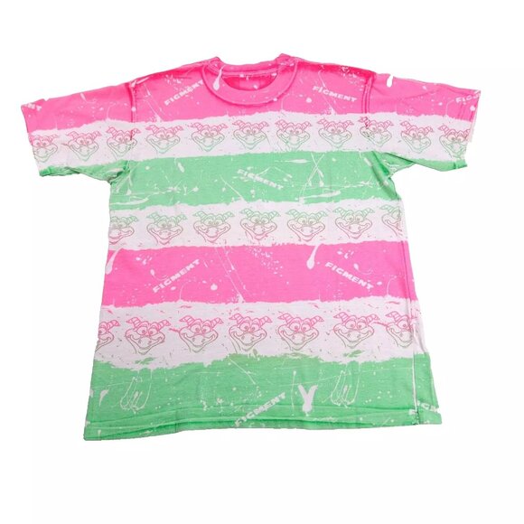 Vintage 80s Disney Figment All Over Print T Shirt Dragon Green Pink Neon L/XL - Picture 2 of 8